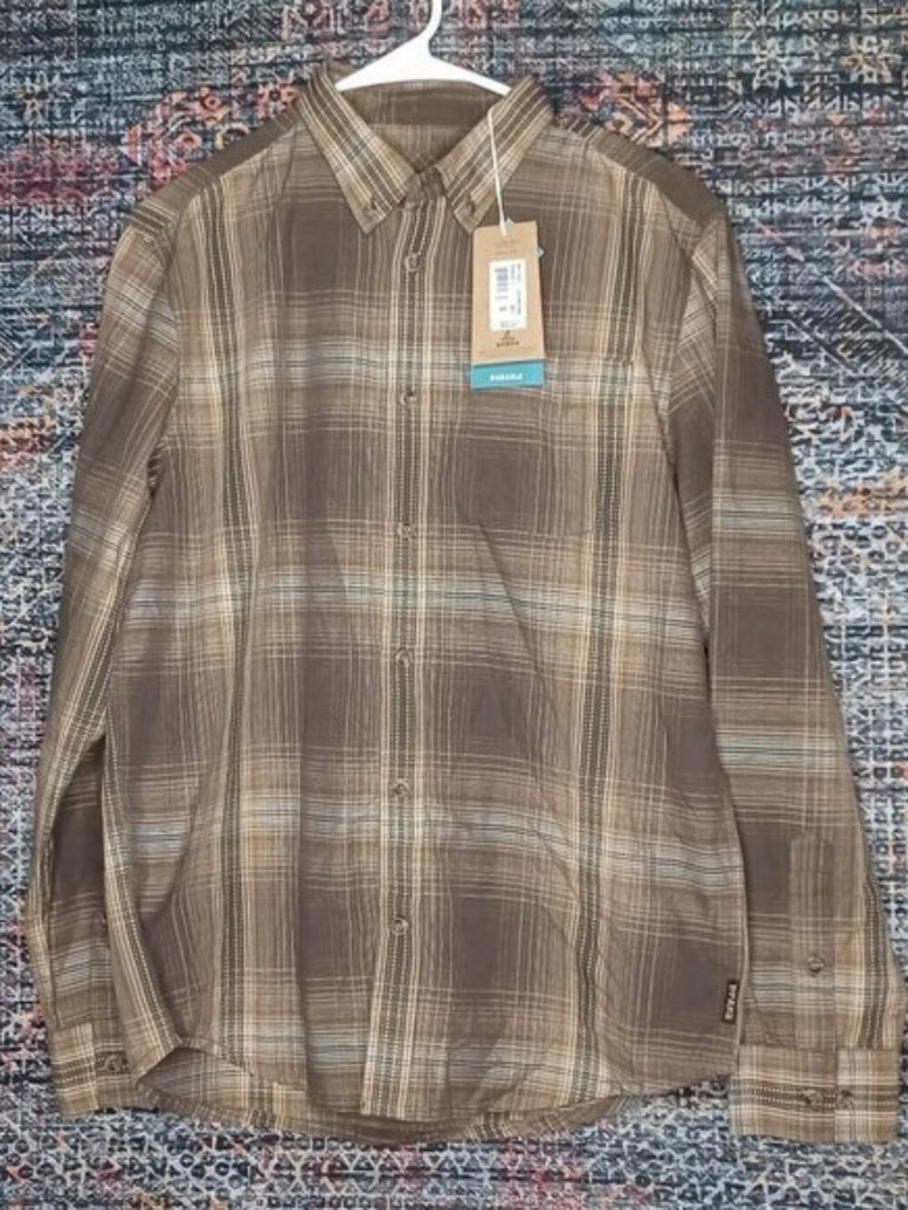 prAna mens Broderick Scorched brown beige blue plaid Organic button shirt S NWT